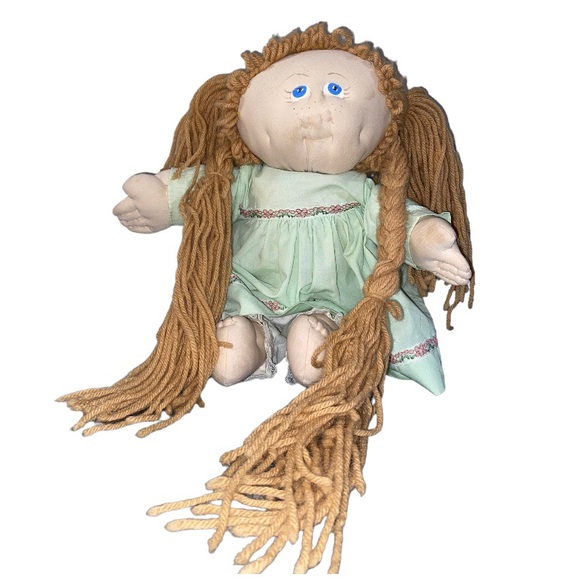 Vtg 80s Handmade Soft Sculpture Cabbage Patch Kid Style Girl Blue Eyes Dress 18” - Picture 2 of 8